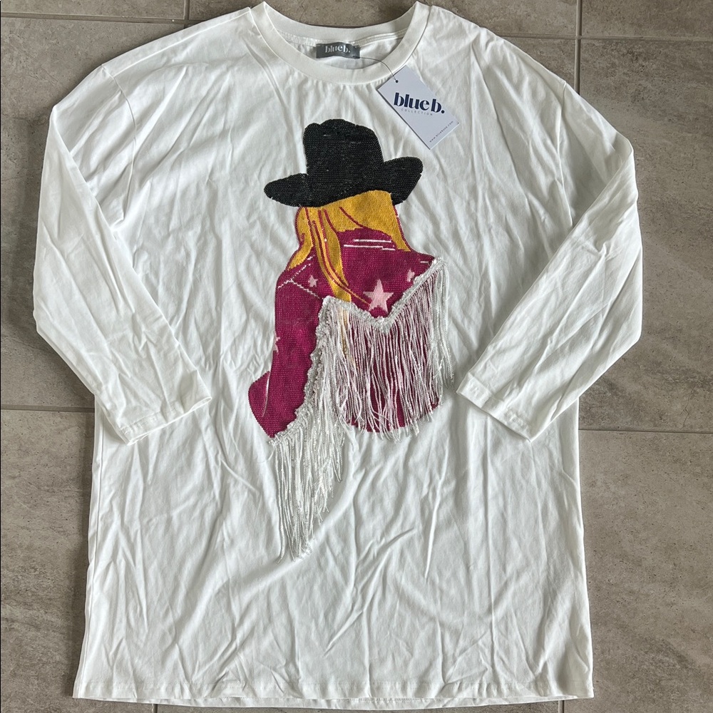 Blue B. Collection Cowgirl Dress Sequin Fringe White Cotton Long Sleeve Sz Large